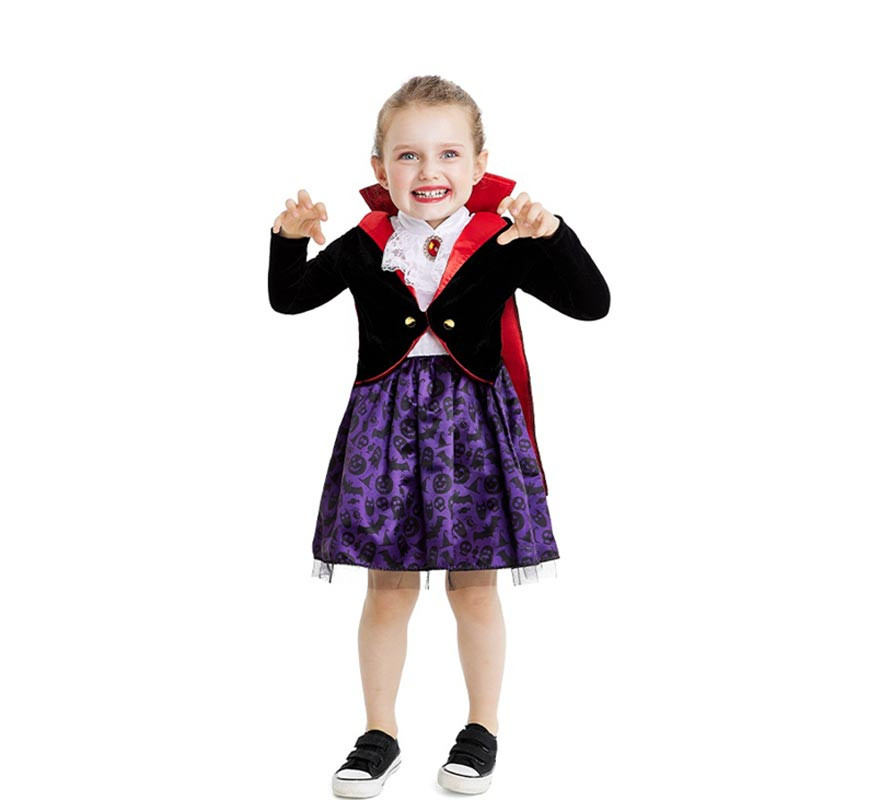 Fato de vampiro clássico com capa e gola para bebé e menina Fato de vampiro clássico com capa e gola para bebé e menina