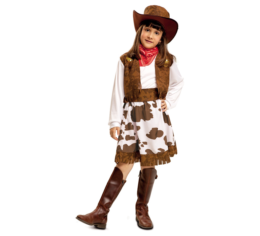 Fato de vaqueira branca e marrom para menina