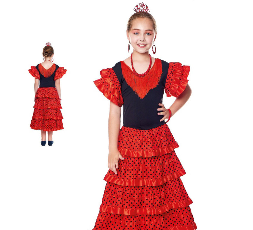 Fato de vestido Sevillana vermelho com bolinhas pretas para menina
