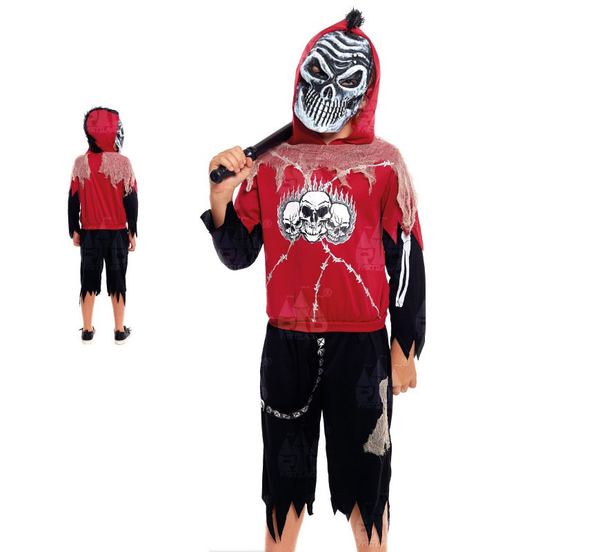 Fato de Zombie Skull vermelho e preto para criança