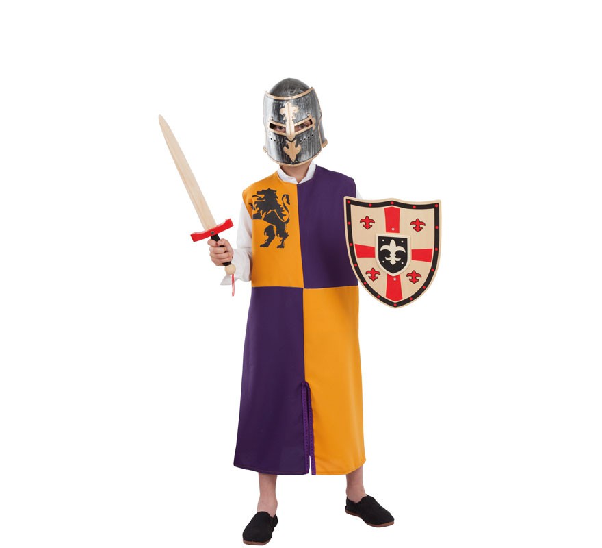 Fato de guerreiro medieval laranja e roxo ou túnica para crianças
