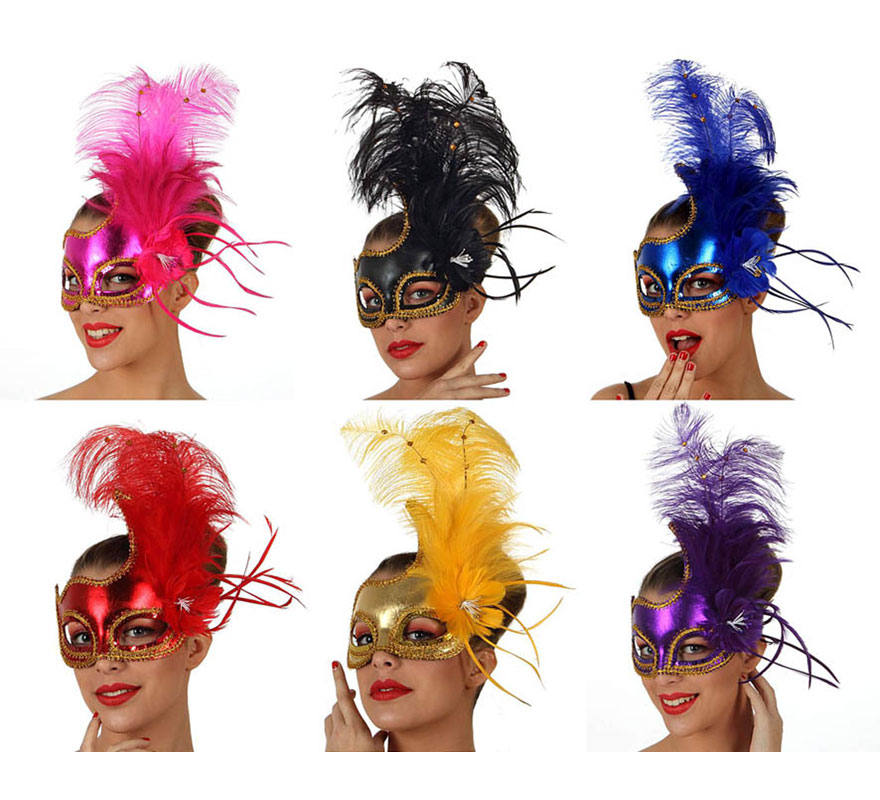 Venetian mask with feathers 6 assorted
