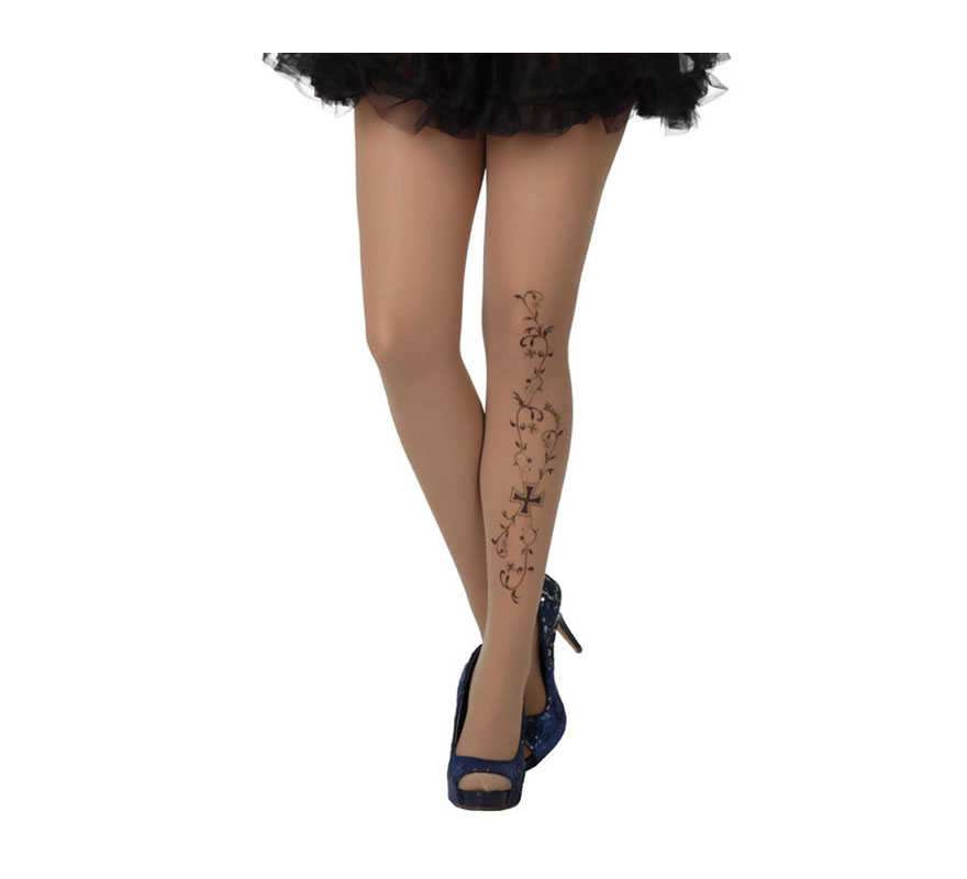 Meias-calças tatuagem bege para mulher com cruz