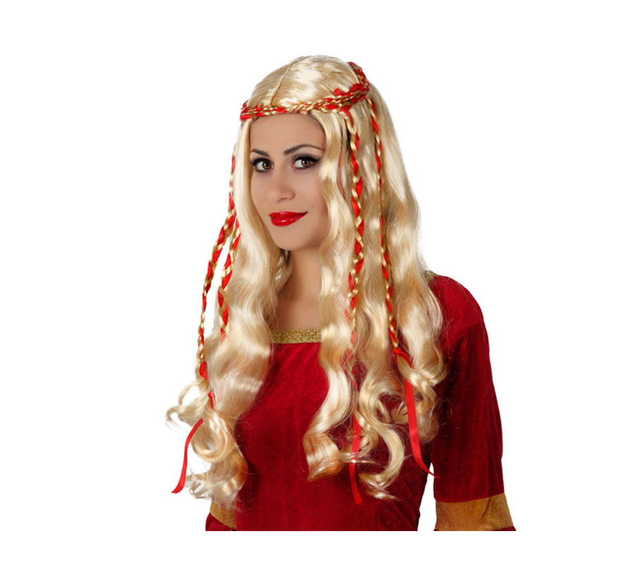 Peruca medieval loira com laço vermelho