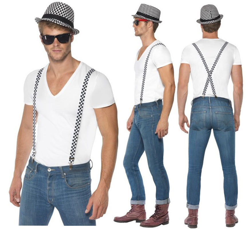 Chapéu e suspensórios em preto e branco com ska xadrez