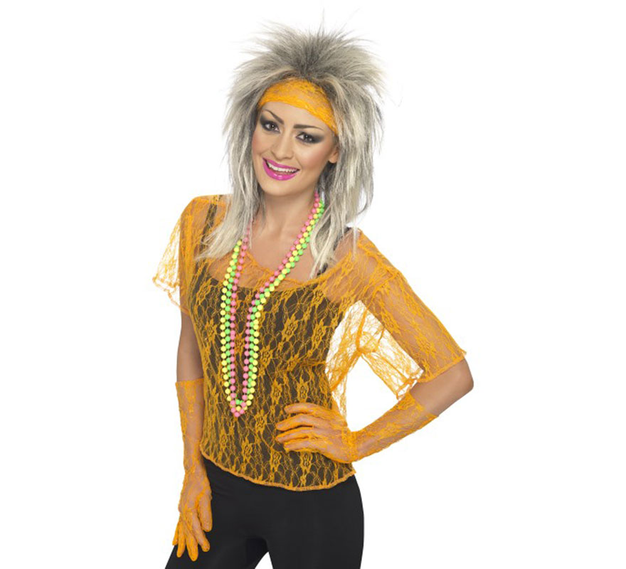 Traje ou Kit laranja Pop dos anos 80: camiseta, luvas e fita