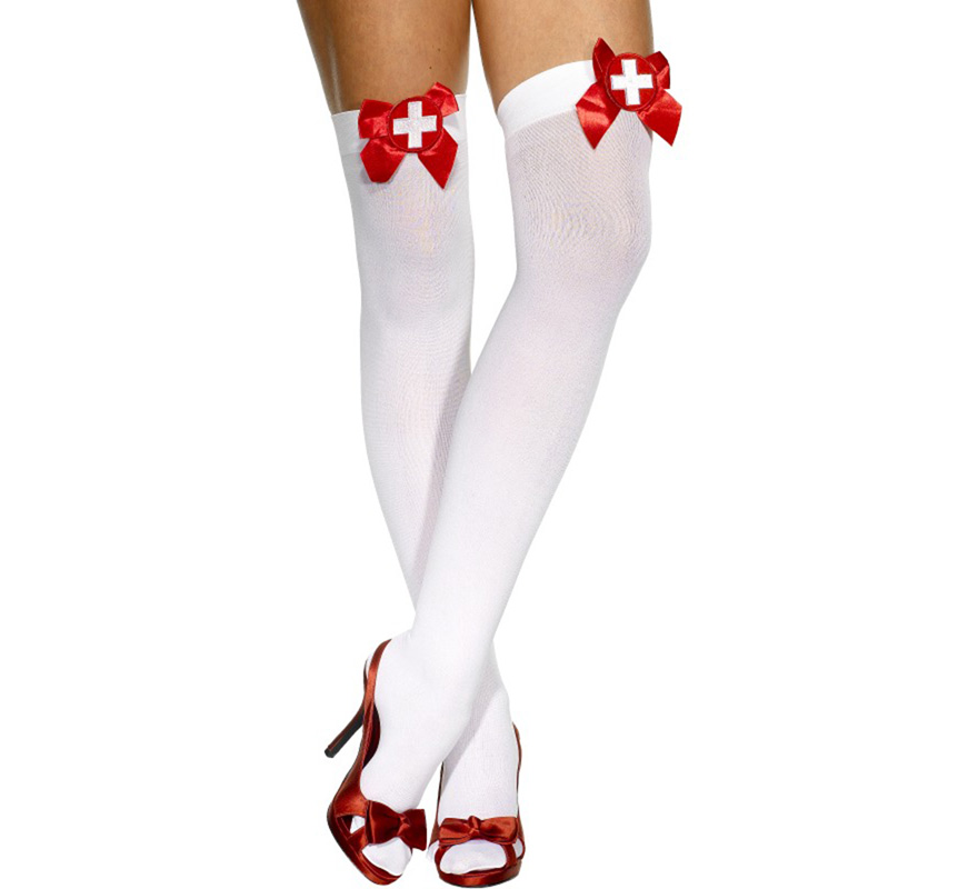 White Opaque Nurse Tights with Red Bow and Cross