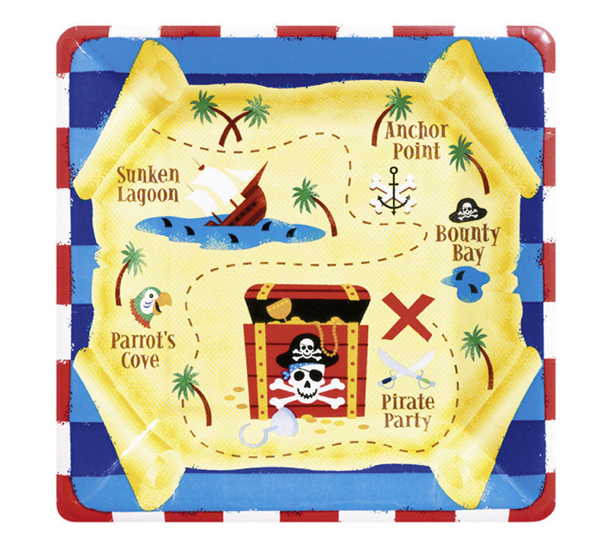 Pack of 8 17.7 cm Pirate Treasure Square Plates