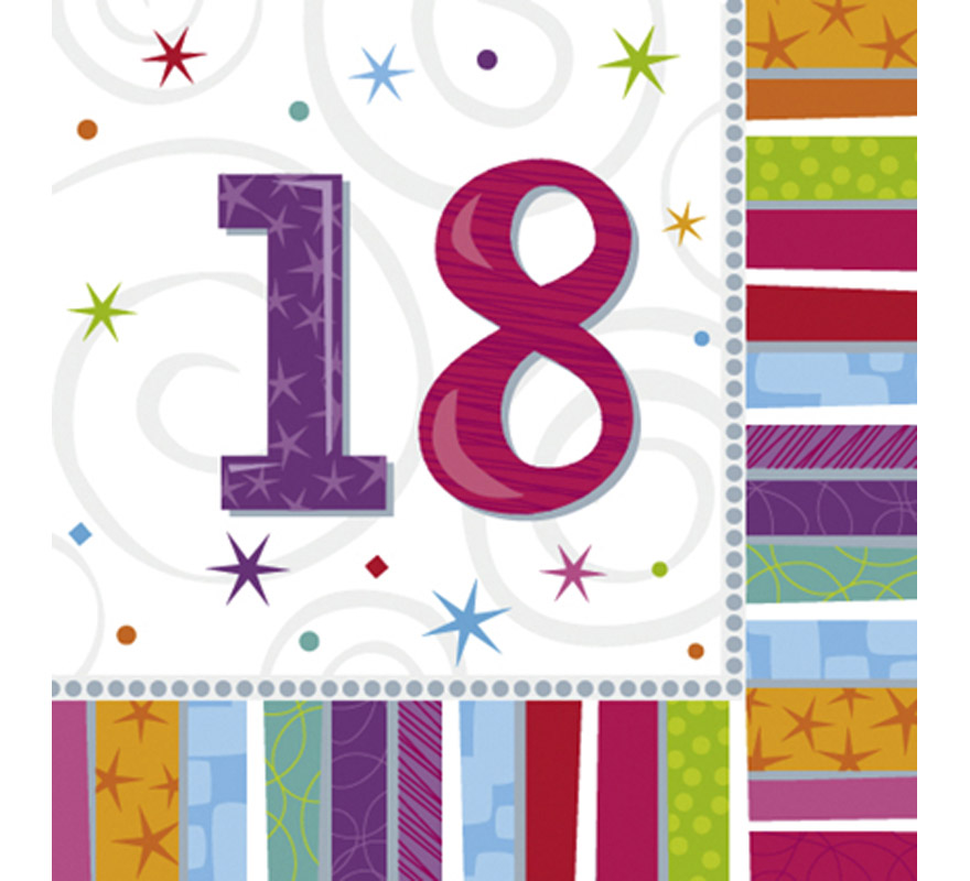 Bag of 16 Birthday Napkins with the number 18, 33x33cm