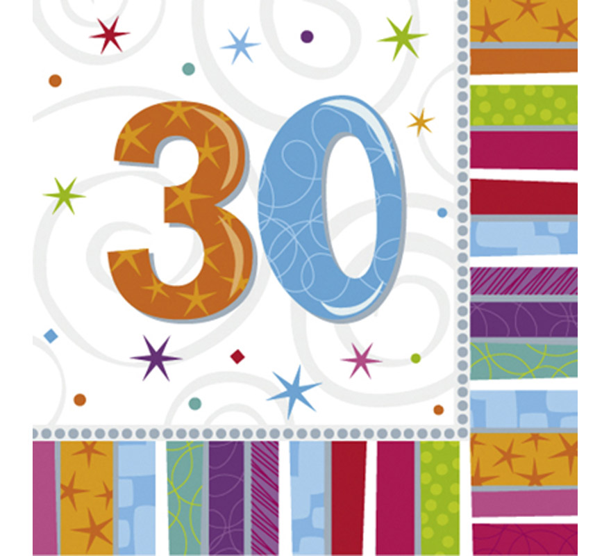 Bag of 16 Birthday Napkins with the number 30, 33x33cm