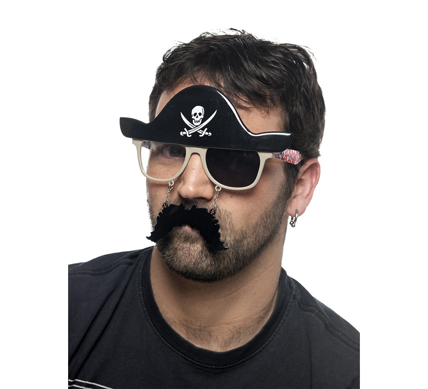 Óculos de pirata com bigode e chapéu