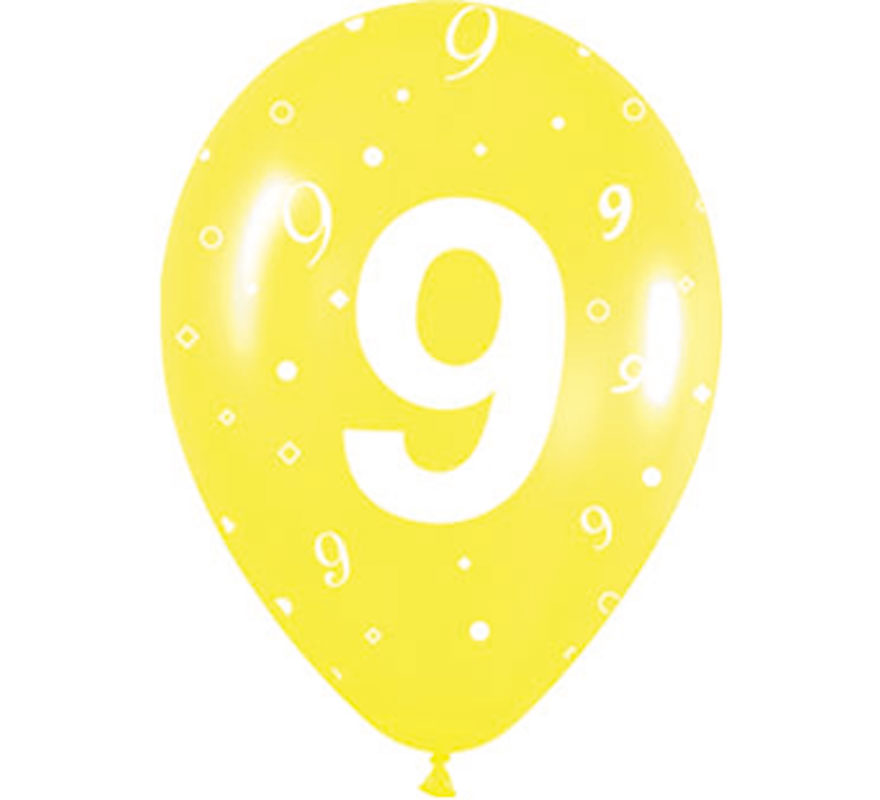 Bag of 10 latex balloons with the number 9 screen printed 30cm