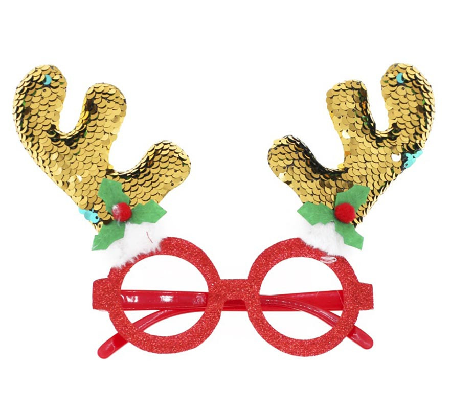 Óculos de rena com chifres dourados brilhantes