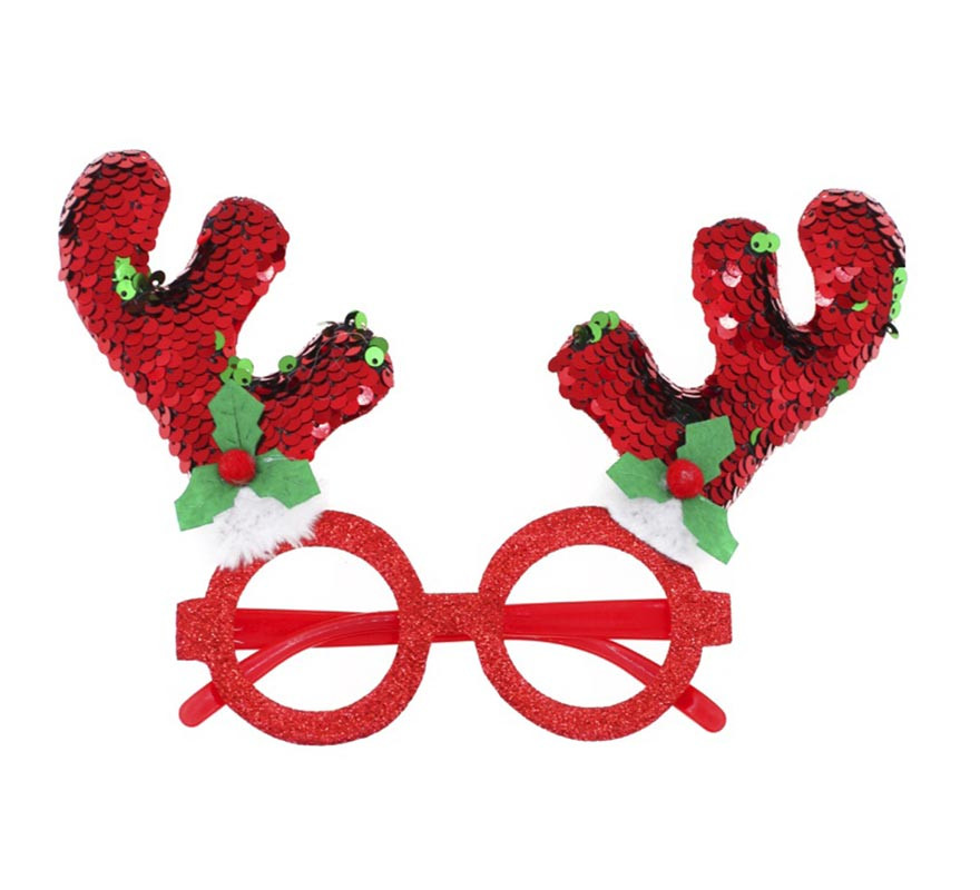 Óculos de rena com chifres vermelhos brilhantes