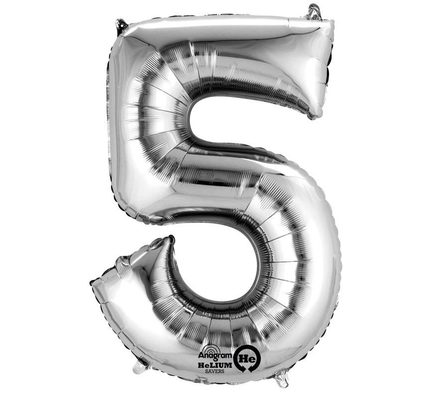 Balão metálico prateado número 5 de 55x86 cm