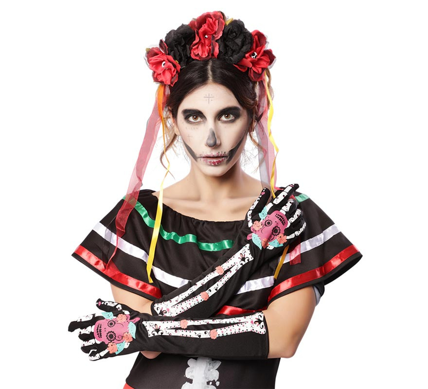 Pink Catrina gloves with flowers