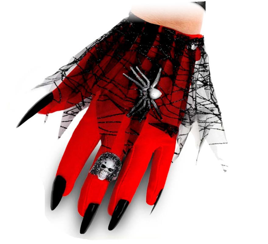 Luvas demoníacas vermelhas e pretas com renda Luvas demoníacas vermelhas e pretas com renda
