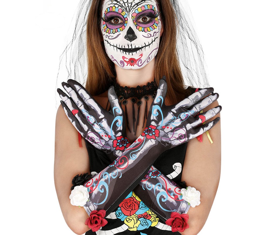 Luvas esqueleto com flores 40 cm