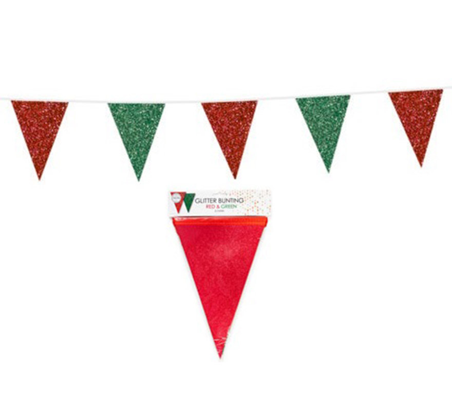 Guirlanda de 6m de Galhardetes Verdes e Vermelhos com Glitter de 16x20 cm
