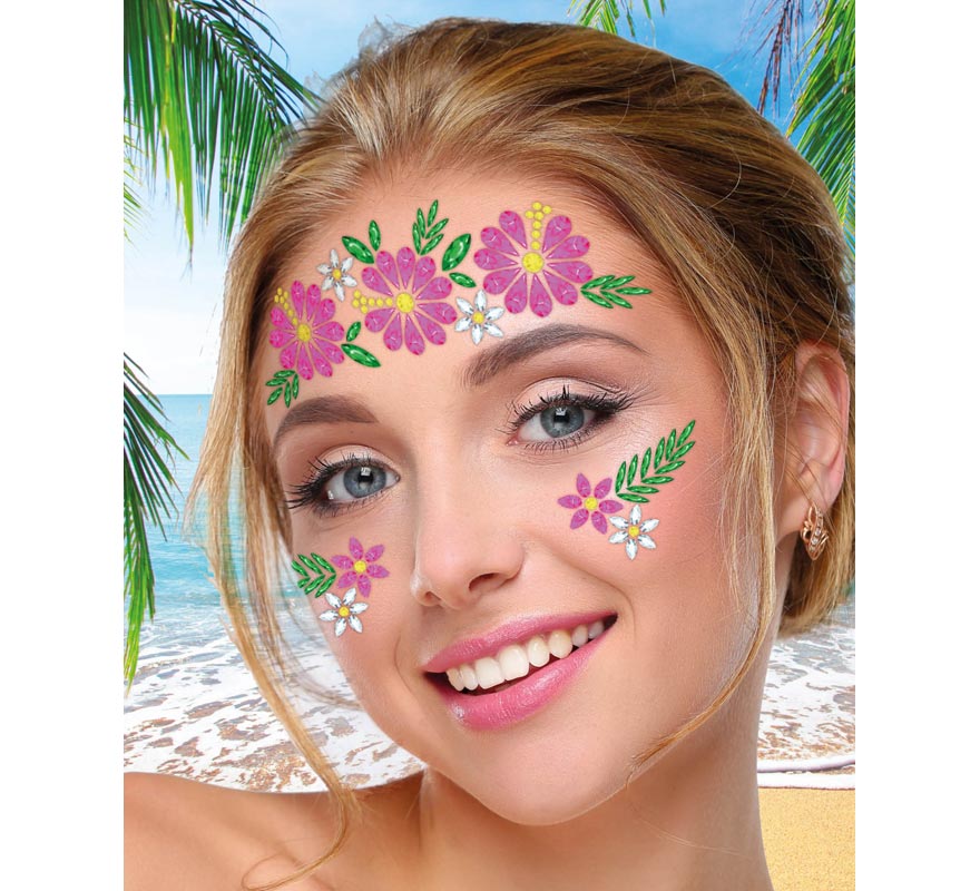 Joias faciais Flores rosa e verdes Joias faciais Flores rosa e verdes