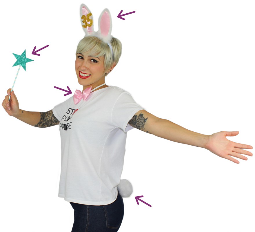 Kit Conejita 35 Anos: Orelhas, Varinha, Laço e Cauda