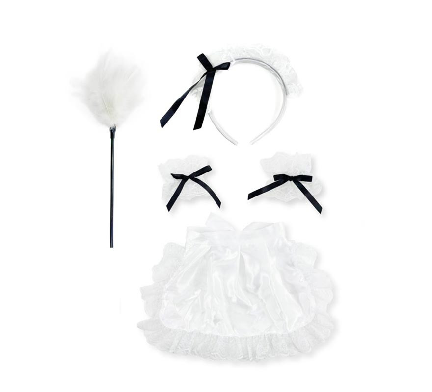 White Waitress Kit: Headband, Duster, Wristbands and Apron