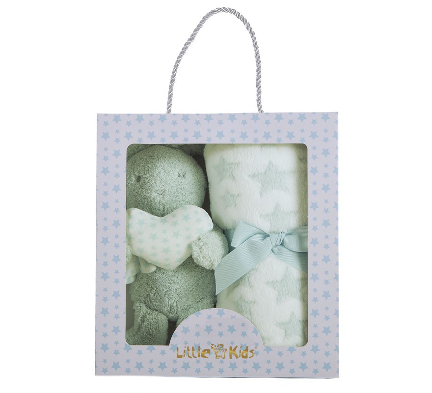 Kit Coelho Verde 24 cm e Cobertor 100x75 cm em caixa Kit Coelho Verde 24 cm e Cobertor 100x75 cm em caixa