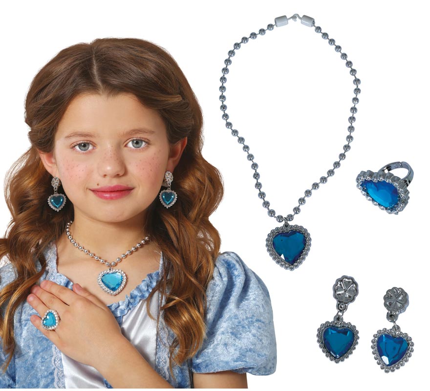 Kit Coração Azul Infantil: Colar, Anel e Brincos