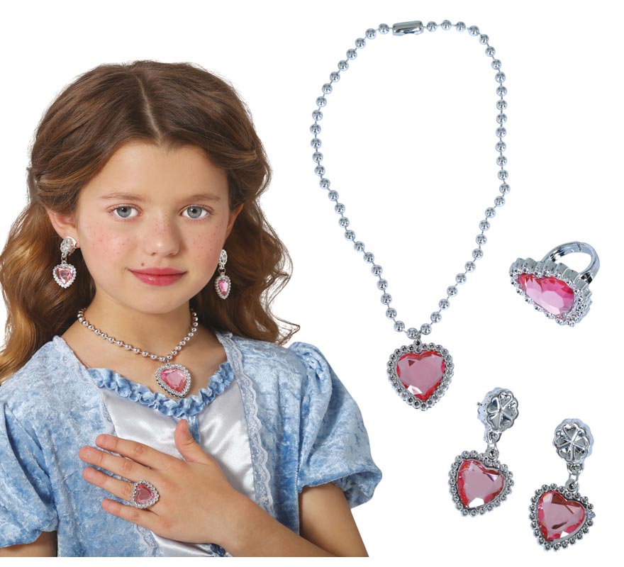 Kit Coração Rosa Infantil: Colar, Anel e Brincos