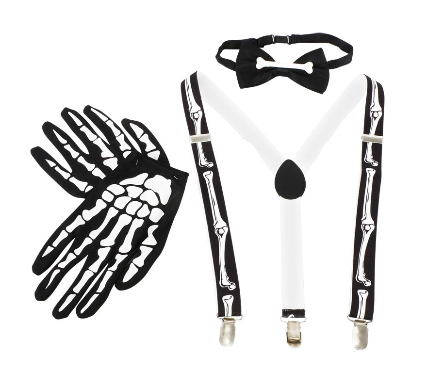 Kit esqueleto: gravata borboleta, luvas e suspensórios