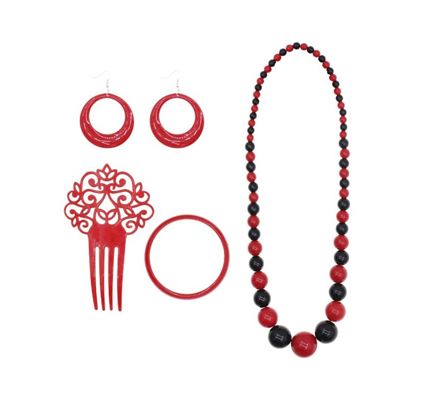 Kit Flamenco Vermelho e Preto: Colar, Brincos, Pulseira e Pente