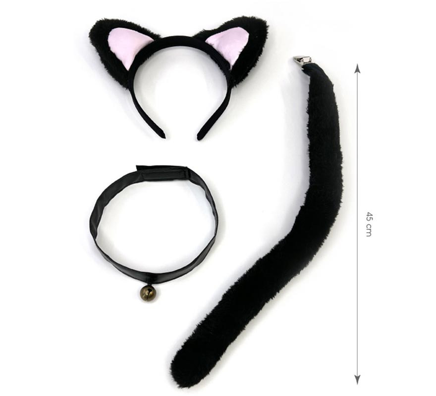 Black and pink Cat Kit: Headband, Collar and 45 cm Tail