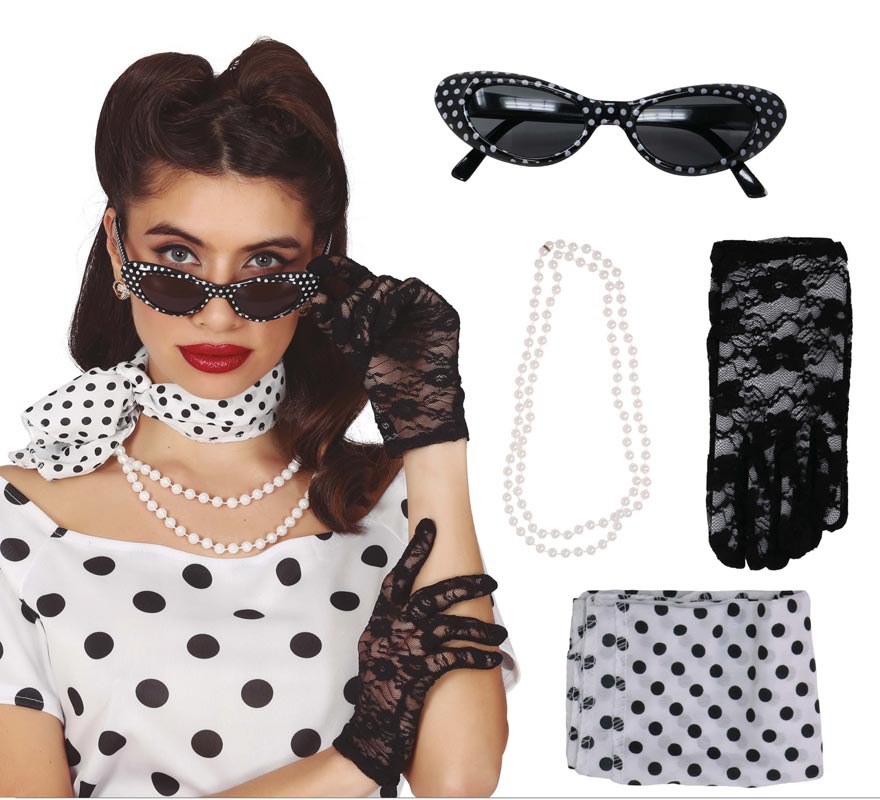 Kit dos anos 50: fita para a cabeça, óculos, colar e luvas