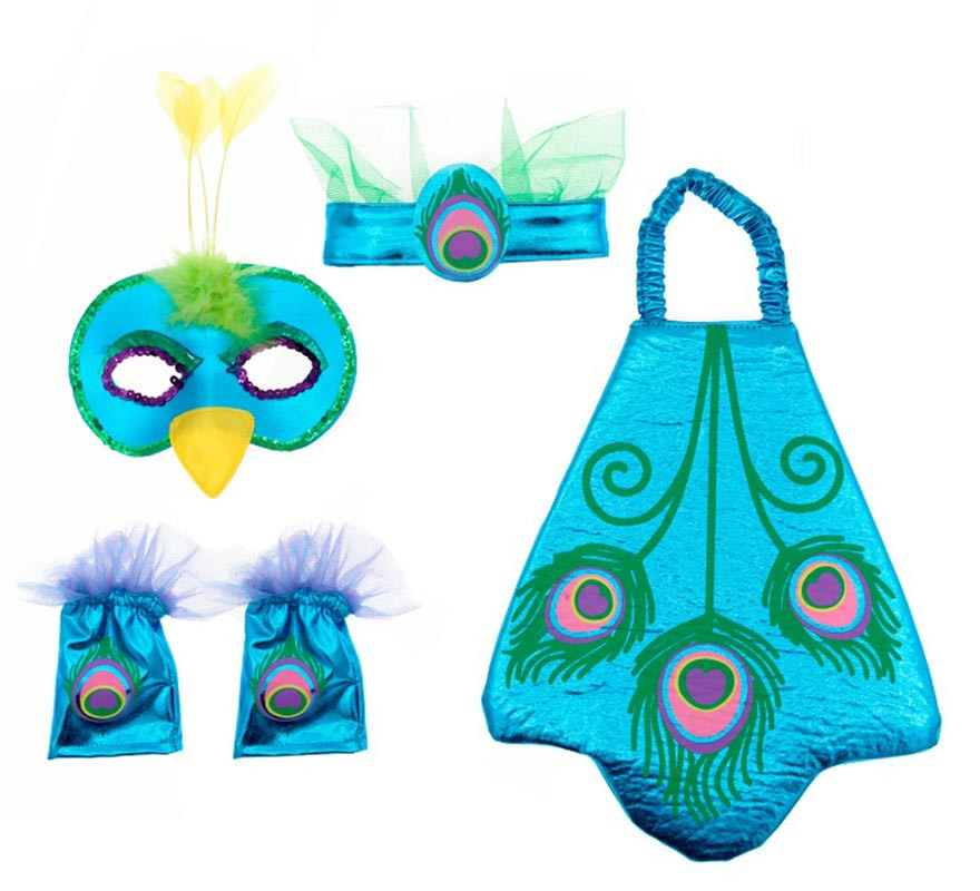 Kit Pavão Azul Infantil: Máscara, Faixa de Cabeça, Pulseiras e Asas