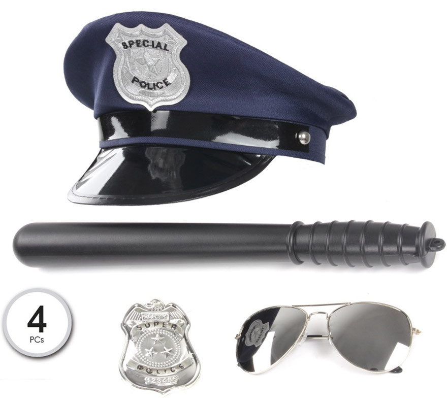 Kit policial azul: boné, óculos, bastão e distintivo