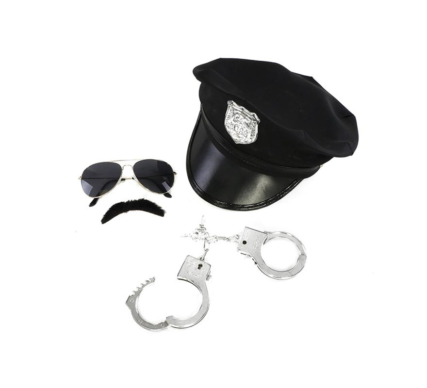 Police Kit: Cap, Handcuffs, Glasses and Mustache