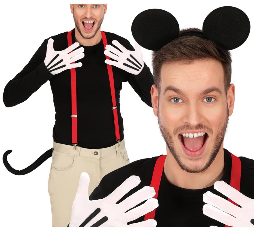 Kit de mouse adulto: faixa de cabeça, luvas, cauda e suspensórios