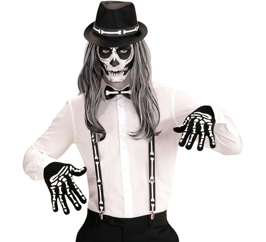 Men's Elegant Skeleton Costume Kit: Suspenders, Bow Tie, Gloves, and Bone Hat