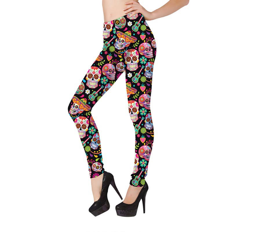 Legging Catrina com caveiras multicoloridas