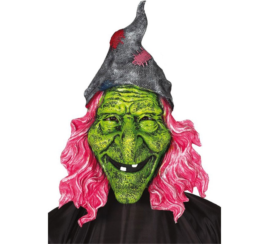 Máscara de bruxa verde com cabelo rosa