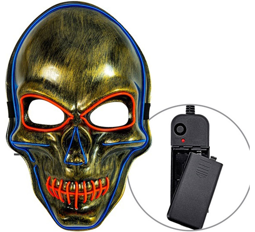 Máscara de caveira dourada com LED colorida