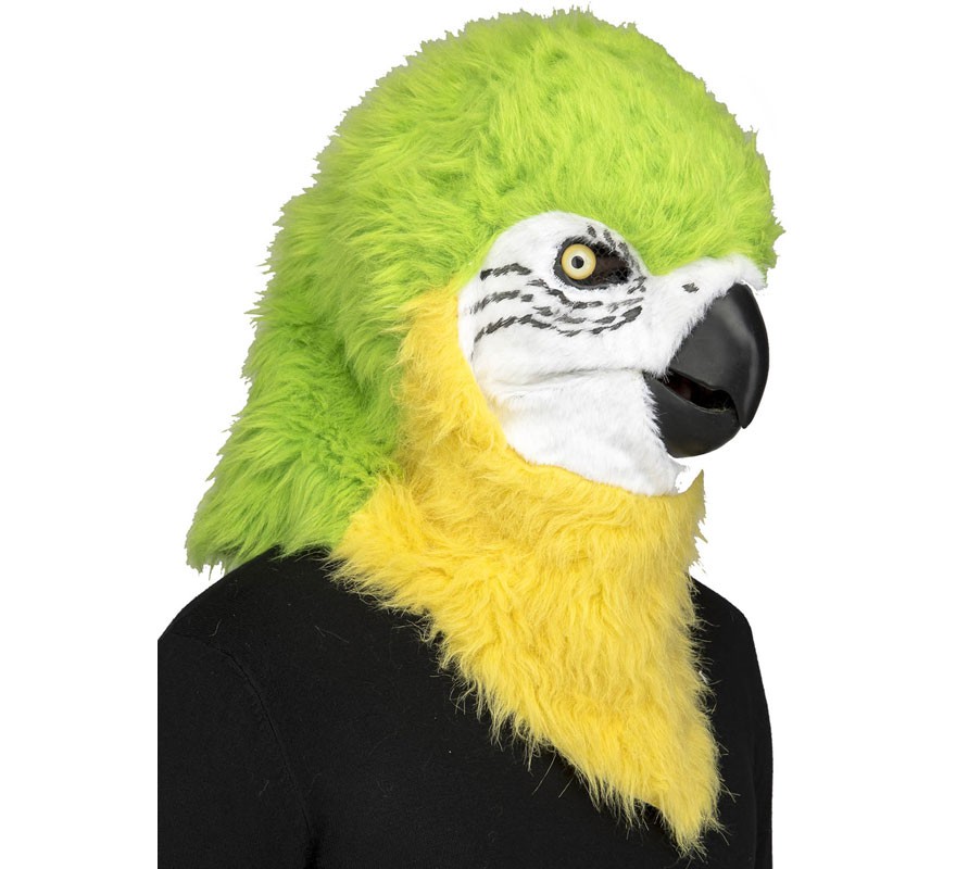 Máscara de papagaio verde com movimento da mandíbula