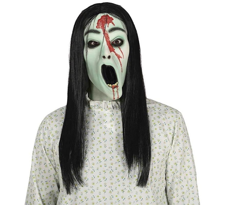 Máscara de menina fantasma com cabelo de látex