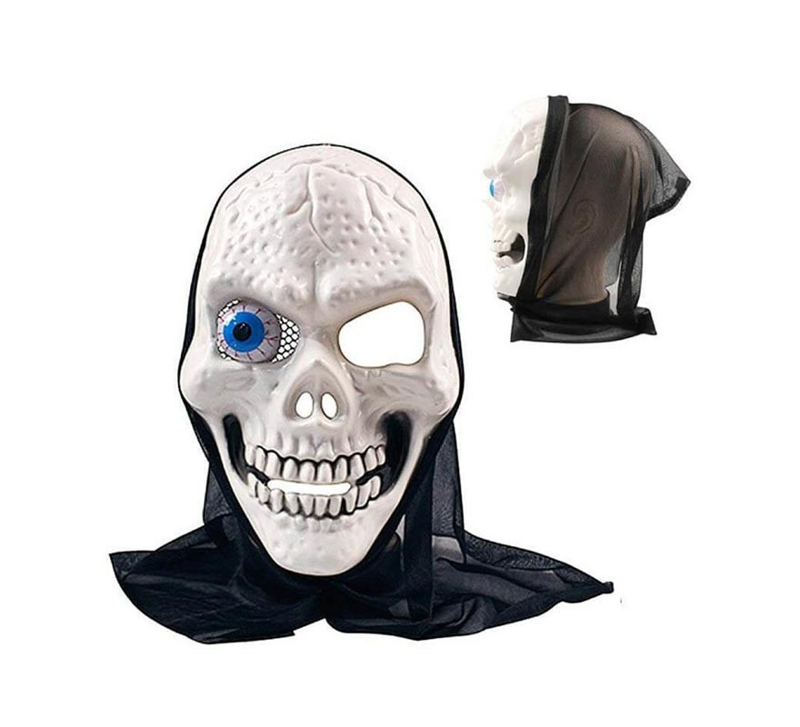 Máscara de caveira branca em tecido de olhos azuis