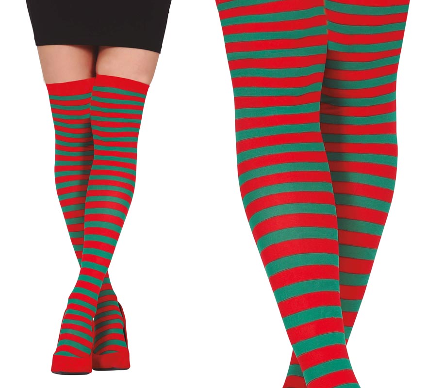Green and Red Striped Tights for Adults