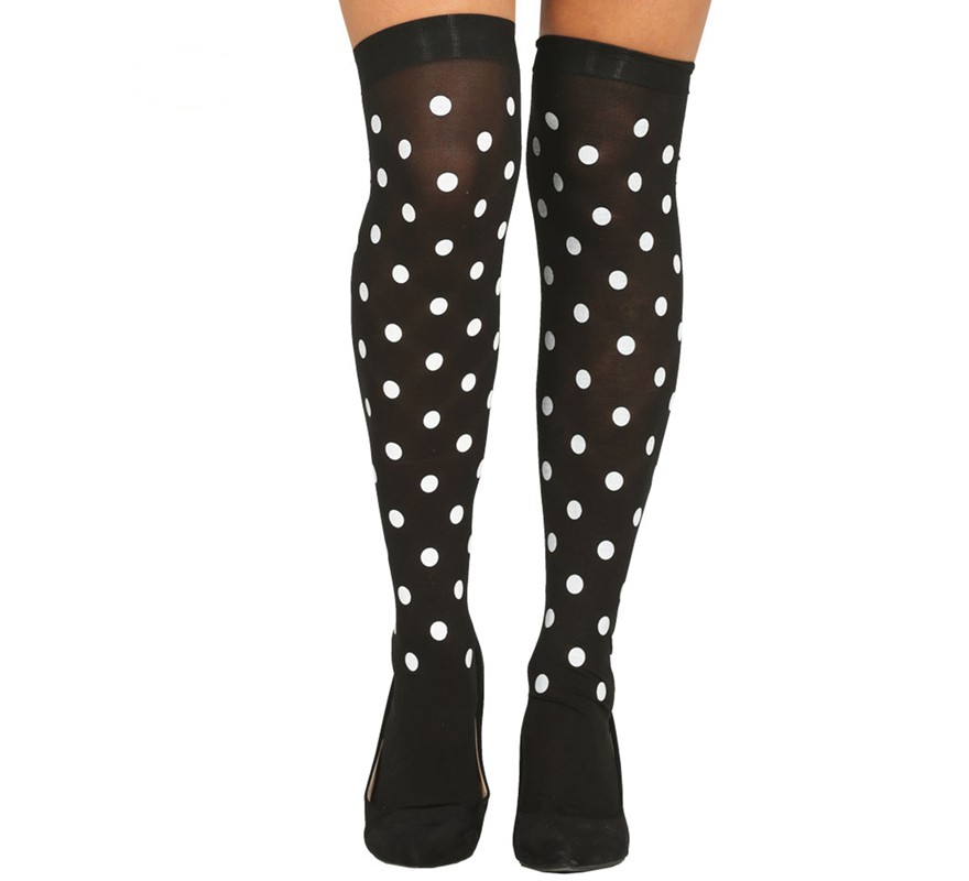 Meia-calça preta com bolinhas brancas