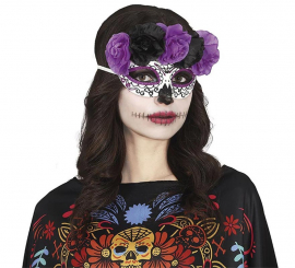 Máscara Catrina Flores lilás e pretas