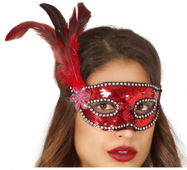 Red Sequin Mask with Feathers