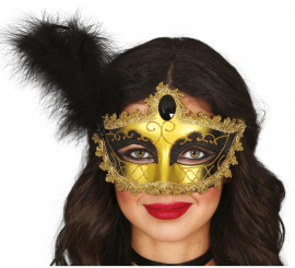 Máscara dourada e preta com pena de adulto