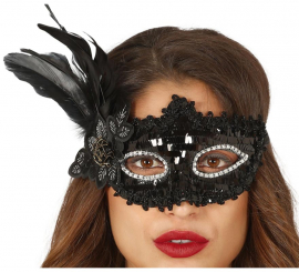 Máscara negra com flores e penas